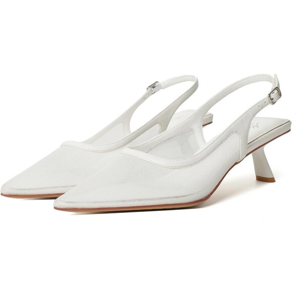 Mostrin Kitten Heel  White Mesh Low Slingback Heels with Buckle Dress Shoes - Picture 9 of 9